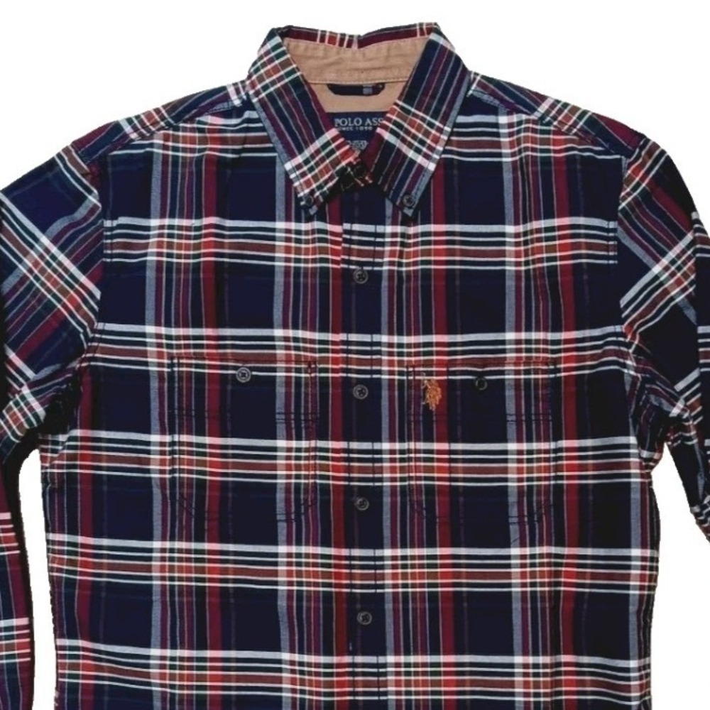 US Polo Assn Mens Large Plaid Button Down Shirt Navy Blue Red Long Sleeve L